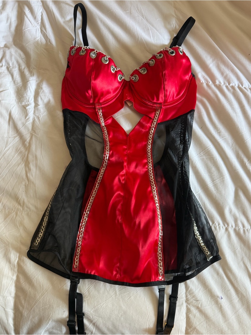 Shirley of Hollywood Vintage Y2K Red Satin & Black Mesh Chain-Trim Bustier
